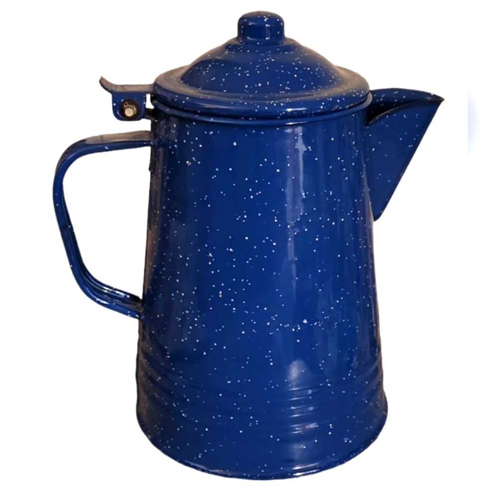 1970's Vintage Blue Speckled Enamelware Camping Coffee Pot EUC
